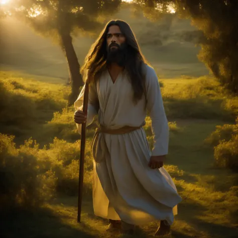 In the image, we see Jesus Christ portrayed in rich detail in a scene that harkens back to his time. He is dressed in a long, simple tunic, made of textured fabric and in earthy tones. His hair and beard are long and slightly wavy, demonstrating his mascul...