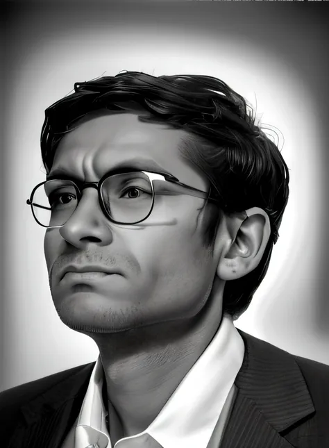 "man in glasses, realistic black and white portrait with serious expression and piercing eyes."