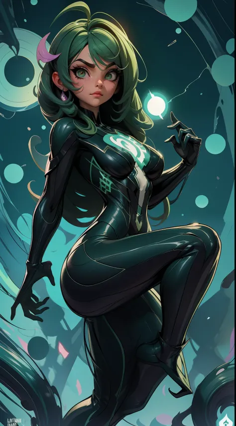 Venom-Green Lantern Fusion, melting, Beautiful, 1girl, (master part:1.2), (melhor qualidade:1.2), ((pose de luta)), ((campo de batalha)), cinemactic, olhos perfeitos, pele perfeita, perfect lighting, sorrir, luz, cor, pele texturizada, detalhe, Beleza, mar...