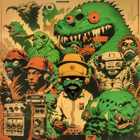 a ((((([crew of monsters creatures ])))))), ( full body shot) smoking big joints, ghetto blaster, lofi hip hop, audio equipments...