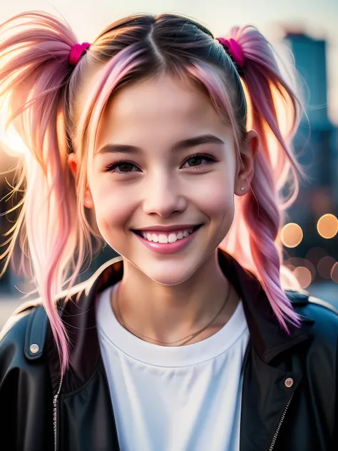 portrait photo of a young girl, (laughing:0.7), pink ponytails hair, complex city background, backlit, (cinematic:1.5), epic rea...