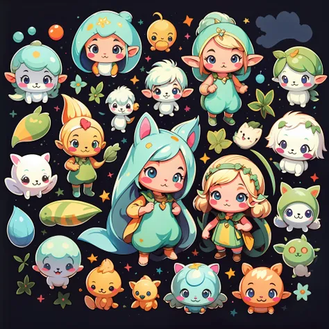 stickers, cute all kinds of elves, simple background, overlook, overlook