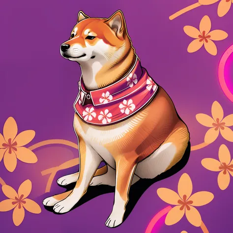 cheems,shiba_uni,un chien assis,sourire, porte des lunettes de soleil rouge, has a red hawaiian shirt with white flowers, in a p...