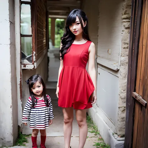 woman, wearing red dress, standing with child the house, beautiful face, perfect face, red nails, smile, full body, black long h...