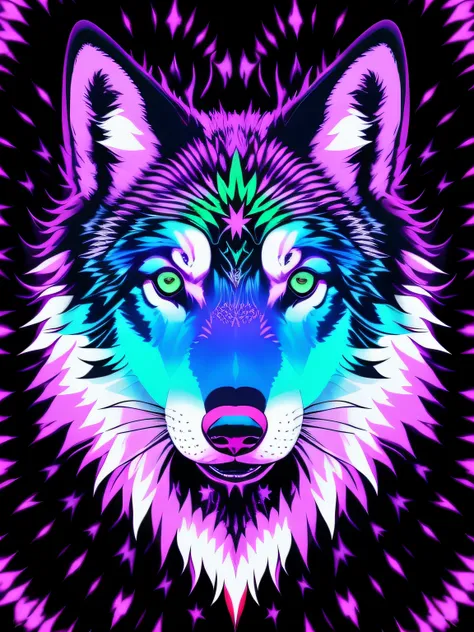 vector-art of a (vibrant and psychedelic wolf tie dye: 1.3) design. the wolf can be depicted with a mystical and alluring expres...