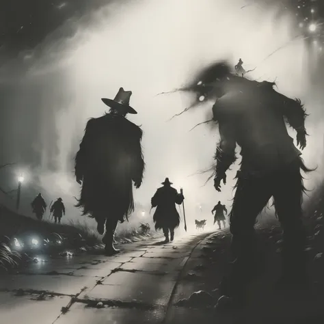 zombies walking towards a light on a dark and foggy road, coruja seguindo a caminhada, a man in a hat and a cane in the corner