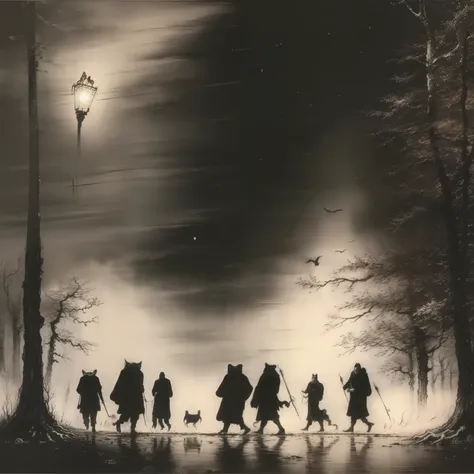 dead people walking towards an owl-shaped light, arte conceitual