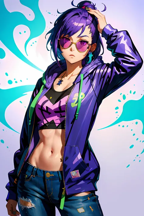 Beautiful girl, wearing hoodie, wearing sun glasses, purple blue hair, Anime style slime punk, graffitipaint on the background, correct anatomy, correct form, highly detailed, high quality, best resolution, 8k, HD, trending on artstation, masterpiece