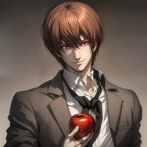 light yagami, smile, red eyes, white shirt, standing, black background, drawn, red apple in hand