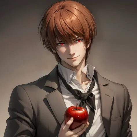 light yagami, smile, red eyes, white shirt, standing, black background, drawn, red apple in hand