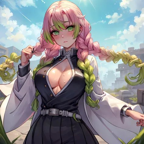 beautiful, (best quality, masterpiece, super detailed: 1.5), perfect lighting, shiny, hires, nature, cobblestone, steam, blue sky, in the distance, whole body, face focus, 1girl, Mitsuri (demon slayer), beautiful girl, beautiful face ((Mitsuri (demon slaye...