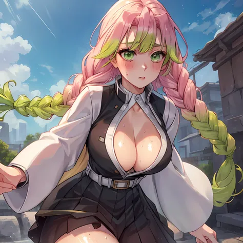 beautiful, (best quality, masterpiece, super detailed: 1.5), perfect lighting, shiny, hires, nature, cobblestone, steam, blue sky, in the distance, whole body, face focus, 1girl, Mitsuri (demon slayer), beautiful girl, beautiful face ((Mitsuri (demon slaye...