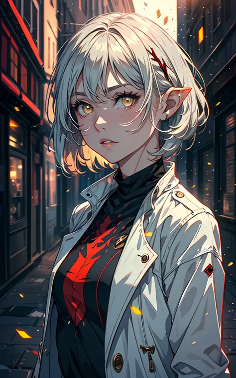 (1girl, solo, full height: 1.5), (realistic face: 1.3), award-winning photography, girl (elven ears, young, cute face: 1.1), thin, fragile, straight hair, disheveled hair, (white coat with red accents, killer-style coat, fantasy (pants), boots), adventurer...