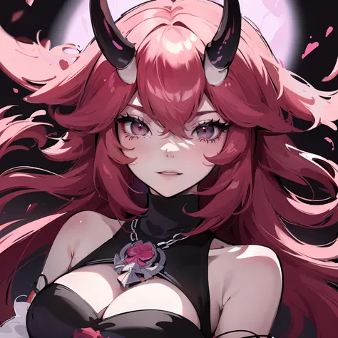 A female milf demon with black demon horn, ((demon horn)), cabelo cor-de-rosa extremamente longo, ((Cabelo cor-de-rosa)), White eyes of the demon, ((olhos brancos)), vestido de noiva, black background with chains and the floor is made of a red liquid, olha...