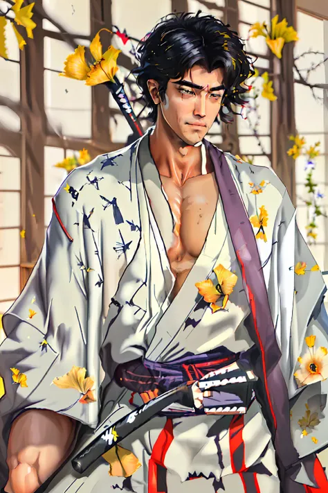 anime,1 homem,obra de arte,((parte de cima)),(jovem),yukata masculino cinza,cachecol vermelho,cabelos longos pretos num rabo de ...