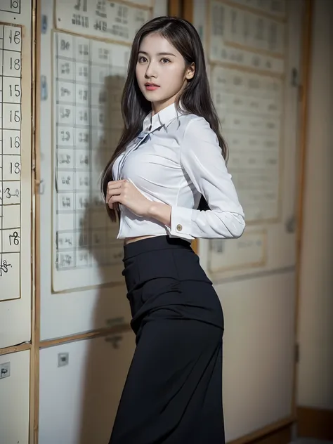 marian rivera, math teacher, formal hair, large breast, pencil skirt, white formal top, photorealistic, raw photo, classroom,