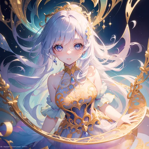 masterpiece, best quality, 8k resolution, sharp focus, intricate detail, beautiful girl, sparkling eyes, golden ratio face, otherworldly liquid, watercolor, pastel colors, bright colors, whimsical, colorful, sharp focus, high resolution, fine detail, princ...