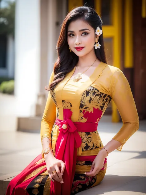 photography, woman,  portrait of woman wearing kebaya_bali in black long kebaya dress traditional, red lipstick, golden necklace...