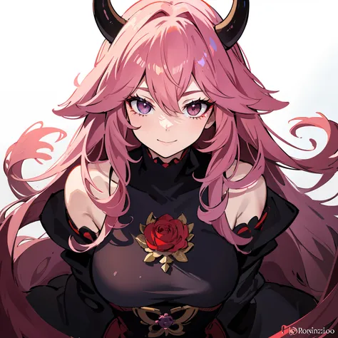 a female milf demon with black demon horn, ((demon horn)), cabelo de rapunzel cor-de-rosa extremamente longo, ((cabelo de rapunz...