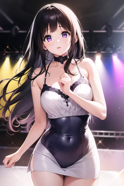 a superb exquisite chitanda eru, purple eyes, black long hair, natural straight hair, straight bangs, solo, ((idol)), ((on stage...