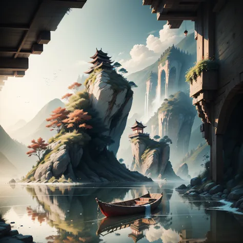 A red boat with three sails navigating a calm river set in a lush, Chinese landscape. Another boat trails in the distance. The image is a blend of a realistic fantasy render, 3D 8K ultra-detailed matte painting, and stylized artwork inspired by the aesthet...