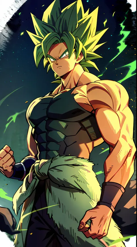 broly, 1boy, closed mouth, male focus, muscular, muscular male, rock, sash, serious, solo, spiked hair, topless male, torn cloth...