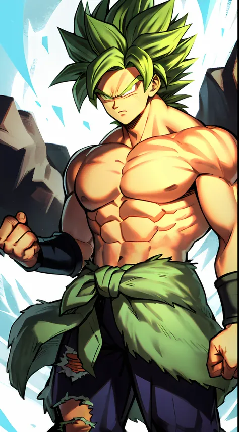 broly, 1boy, closed mouth, male focus, muscular, muscular male, rock, sash, serious, solo, spiked hair, topless male, torn cloth...