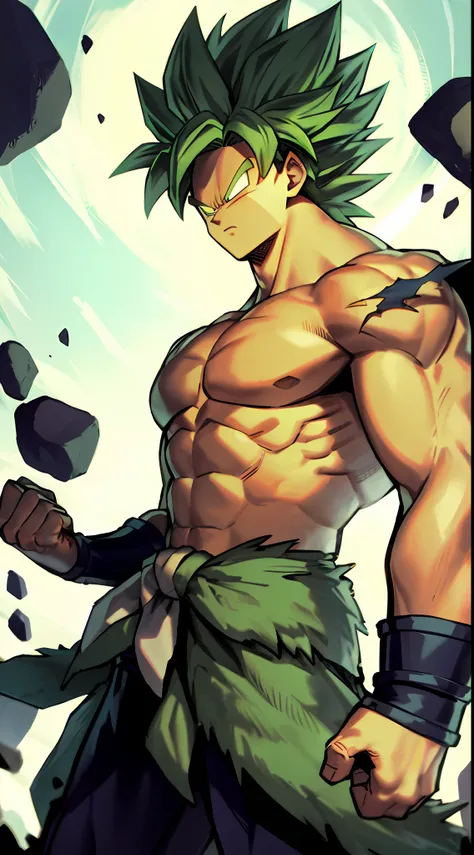 Broly, 1boy, closed mouth, male focus, muscular, muscular male, rock, sash, serious, solo, spiked hair, topless male, torn clothes, legendary super saiyan, green eyes, green hair, ((masterpiece))