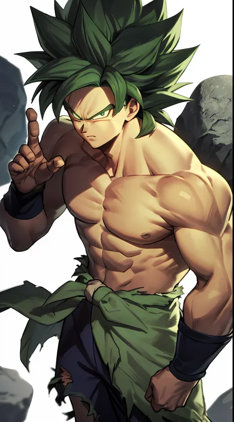 broly, 1boy, closed mouth, male focus, muscular, muscular male, rock, sash, serious, solo, spiked hair, topless male, torn cloth...