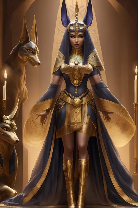 a magical woman with powers, vestida com roupas de uma rainha do antigo egito, on an altar of ancient Egypt and the God Anubis behind with his glowing eyes, Female Godanubis with jackal head on front altar, redemoinho de fogo, aura, magia, Sparks, magia as...