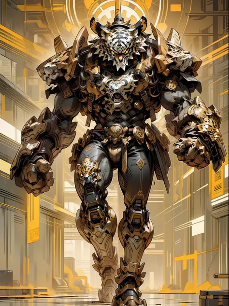 (Masterpiece) A tiger mask in antique armor, (fine facial details) pedestrian warrior, weapon in hand, cyberpunk style color scheme, ((intricate detail, super detailed)) 8K.