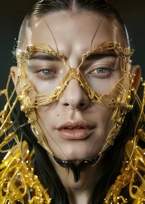 extreme close-up extreme close-up russian male supermodel dressed in futuristic gucci suit [yellow and black with intricate gold...