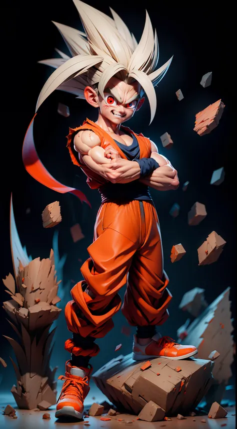 masterpiece, best quality, ultra-detailed, adult gohan 1boy, solo, full body, evil smile, grey hair, spiked hair, (((red eyes)))...