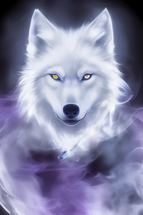 create a white wolf t-shirt print from blue crimson smoke|fundo roxo, olhando para lente