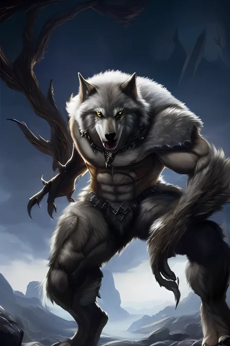 a close up of a furry creature with a large claw on its back, muscular werewolf, a minotaur wolf, anthropomorphic wolf male, an ...