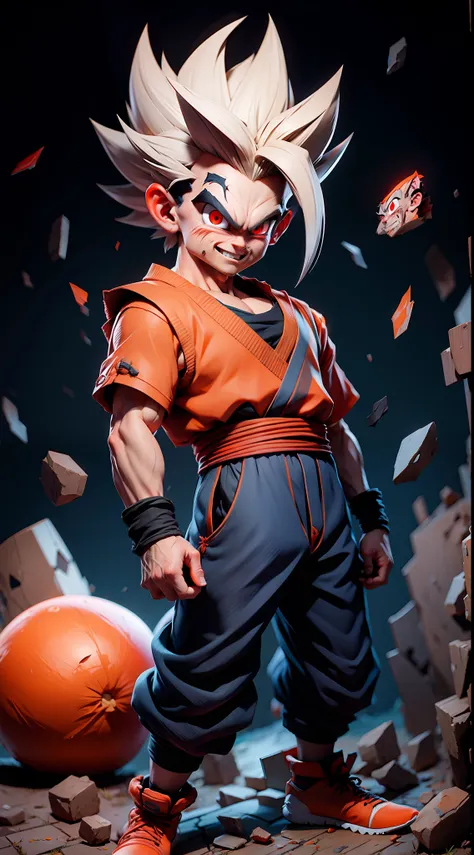 masterpiece, best quality, ultra-detailed, adult gohan 1boy, solo, full body, evil smile, grey hair, spiked hair, (((red eyes)))...