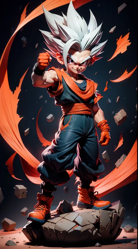 masterpiece, best quality, ultra-detailed, adult gohan 1boy, solo, full body, evil smile, grey hair, spiked hair, (((red eyes)))...