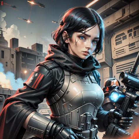 one star wars female imperial officer in black imperial uniform, around 21 years old, black hair, medium lenght hair, pale skin,...