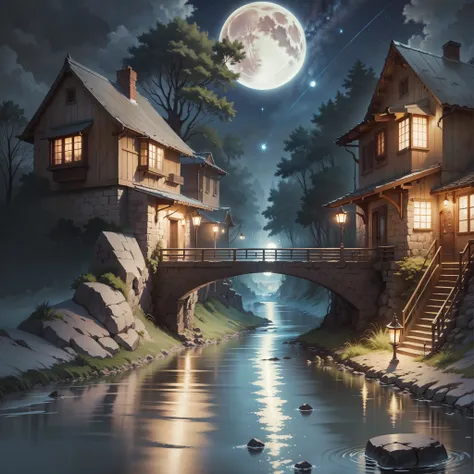 a painting of a river with stars and moon in the sky, concept art inspired by tosa mitsuoki, pixiv contest winner, best quality,...