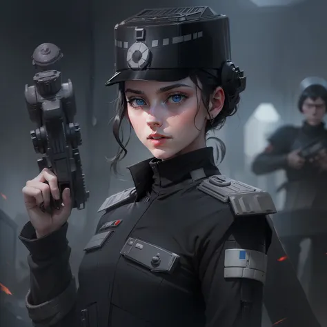 one star wars female imperial officer in black imperial uniform, around 21 years old, black hair, medium lenght hair, pale skin,...