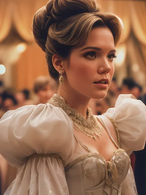 1980s style, mandy moore, a stately and elaborate royal cinderella ballgown with (((enormous puffed sleeves))) and an hourglass ...