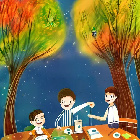 colorful,  illustration,2d illustration, abstract,3 boy working in office, tree,desk,computer,clear backgroud, the father let hi...