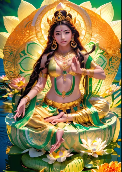 beautiful green-skinned goddess sitting on a lotus platform，holding a flower in his left hand，the right hand is sealed，brown dre...