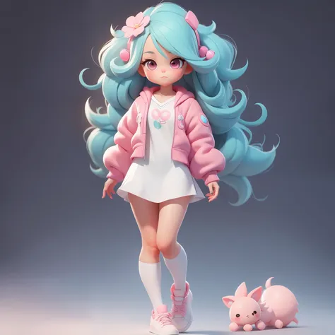 a super cute girl, full body, dreamy cute hair accessoriespopmart blind box, ip design, clean and bright background3d rendering,...