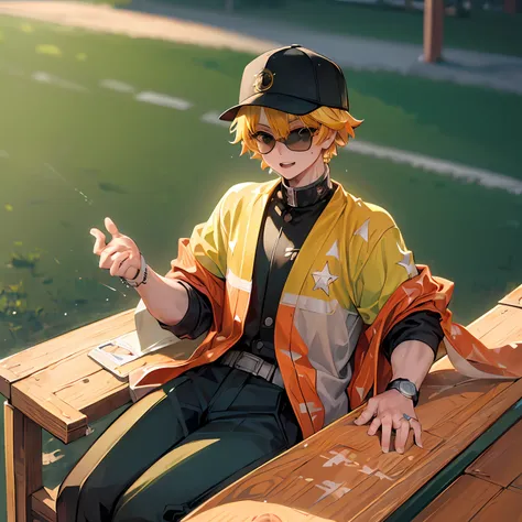 (((master piece))),((best quality)),((((park)))), detailed,1boy, sitting,sports cap, yellow hair,sunglasses,sports shirt,pants,c...