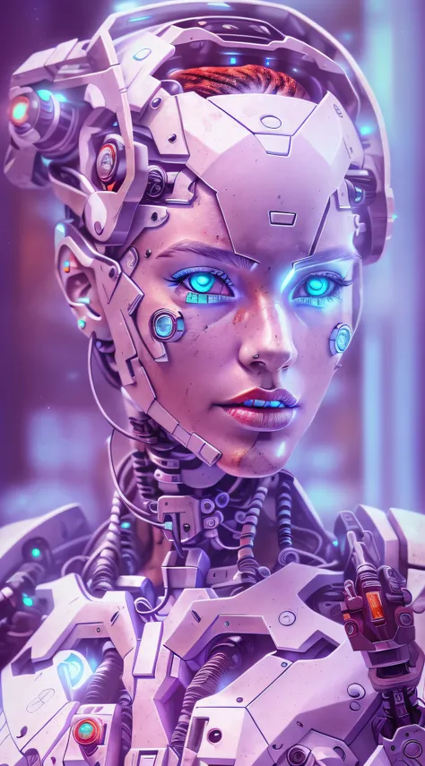 araffed cyborg with super detailed pieces of white plastic in very high resolution with red lipstick and light blue eyes