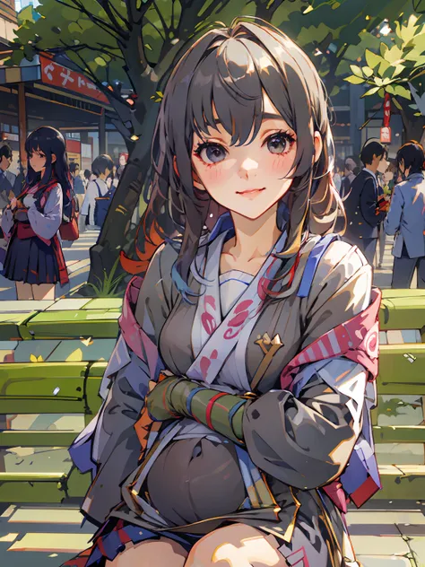 pixiv style, a high resolution, hyper-realistic, anime style, 4k, a woman who is. japanese high school student sitting on a park...