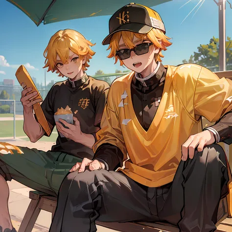 (((master piece))),((best quality)),((((park)))), detailed,1boy, sitting,sports cap, yellow hair,sunglasses,sports shirt,pants,cheerful,toothy grinultra detailed face, shoulder pad