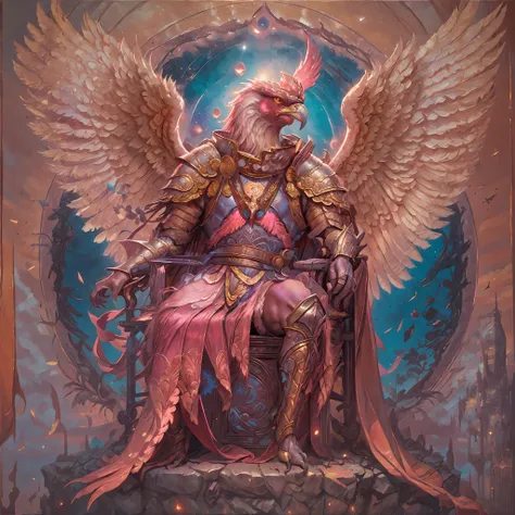 masterpiece, best quality, (solo), (from below), painting of very big aven a neon pink bird man wearing armor with silver orname...