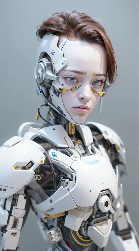 "araffed cyborg with high-resolution white plastic details, olhos azuis claros."